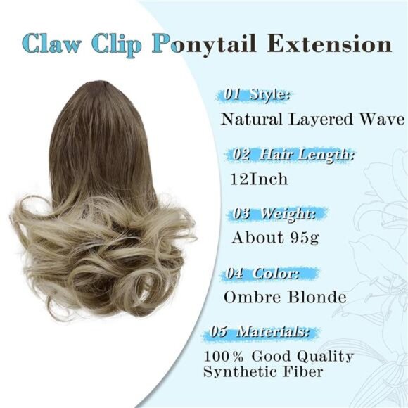 Claw Clip Ponytail Extension Ombre Blonde 12" Short - Picture 2 of 6